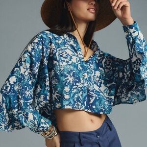 🌟PILCRO🌟 FLORAL PRINT CROPPED COLLARED BUTTON DOWN BATWING BLOUSE BLUE SZ S